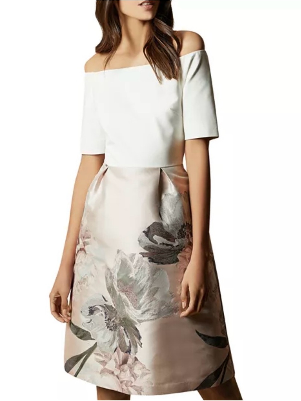 Ted Baker One-Shoulder Floral Fit-and-Flare Dress in White & Blush size 2TB 6 US